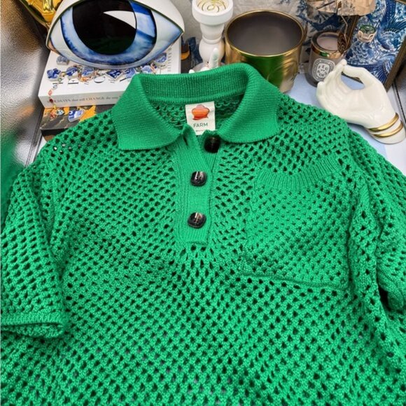 🆕 FARM Rio 🧿 NWOT Kelly Green Crochet Collared Polo, Sz L - Picture 11 of 14